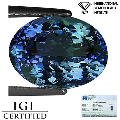 4.16 Ct IGI Certified A+ Natural D Block Tanzanite Green Blue Violet Oval Cut