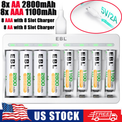 Lot  (AAA 1100mAh) (AA 2800mAh) Rechargeable Batteries  / 8 Slot Battery Charger