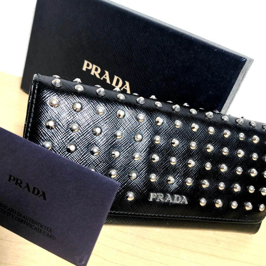 PRADA Long Wallet Black Saffiano Leather studded with box Limited Edition  YR | eBay