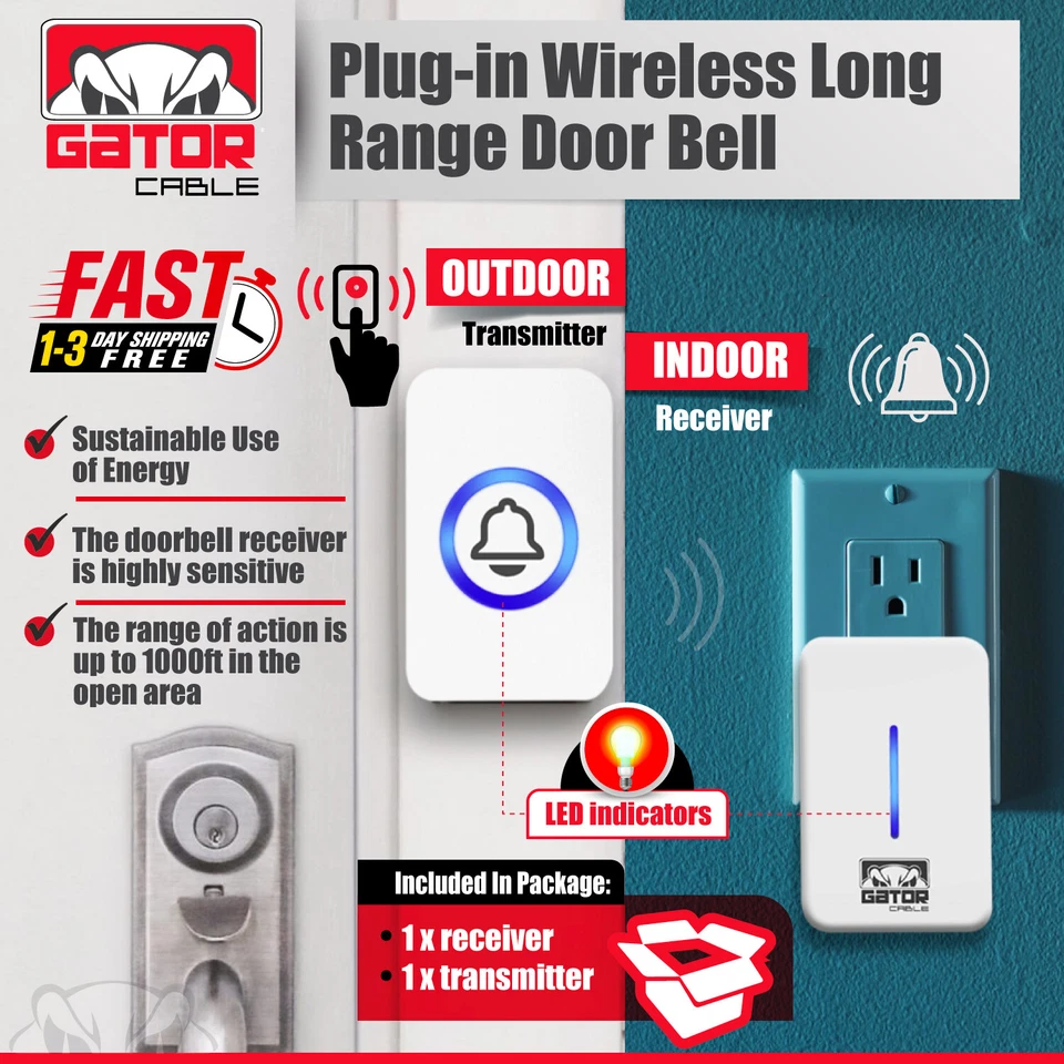 Timbre Inalámbrico Enchufable Luces LED Impermeable Largo Alcance Receptor Control Remoto RUIDO Foto 3 de 4