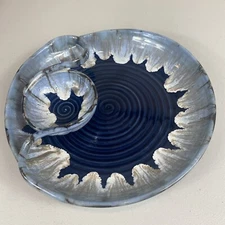 Ceramic Chip and Dip Platter Unique Blue Pottery Serving Dish