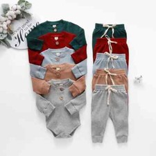 Girl Boy Solid Clothes Sets Long Sleeve Bodysuits Elastic Pants 2PCs Outfits