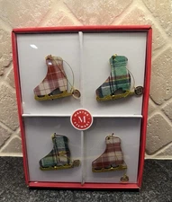 Martha Stewart Holiday Christmas Ice Skate Ornament 4 Piece Set Plaid New