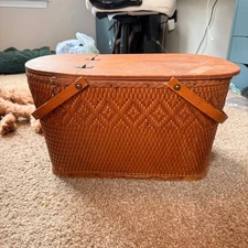 Vintage Redmon Woven Wicker Picnic Basket with Metal Handles