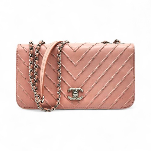 Chanel CC Clasp Wallet on Chain WOC Studded in Pink Chevron Leather - Rare