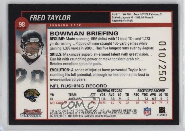 2002 Bowman Chrome X-Fractor /250 Fred Taylor #98 - Image 2 of 2