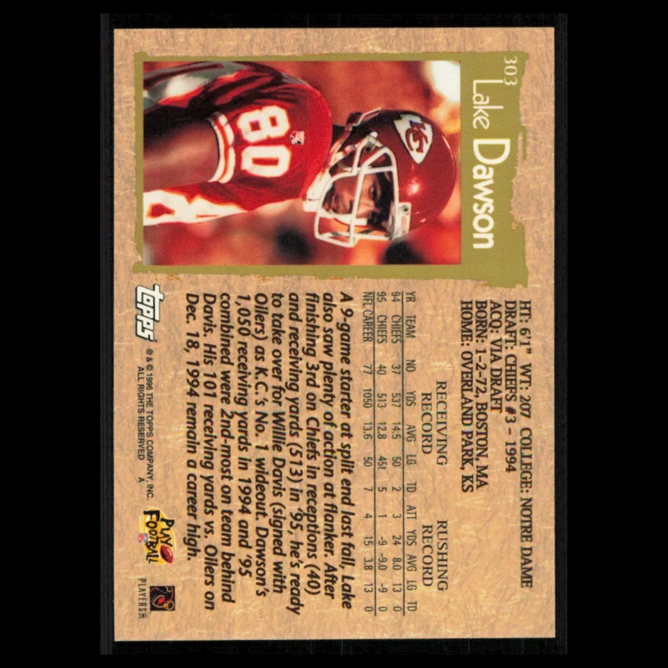 Lake Dawson #303 1996 Topps Kansas City Chiefs Football Card NFL NM - Image 2 of 3