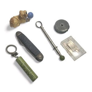 Vintage Junk Drawer Lot Pocket Knife Corkscrew Tape Measure Calendar Figurine