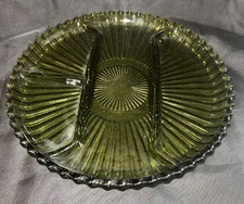 260 Green Indiana Glass 4 Compartment Relish 10” Ribbed Serving Dish
