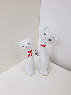 Vintage weiße Keramik Katze Figur Paar langer Hals elegante rote Schleifen 19 cm