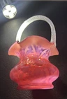 VTG Fenton Cranberry Opalescent Spanish Lace Art Glass Basket w/ Applied Clear