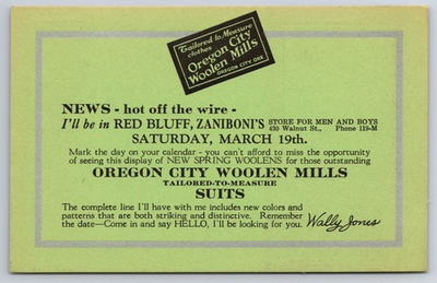 #ad #ad Oregon City Woolen Mills Advertising Postcard w Wally Jones Red Bluff Store $90.75