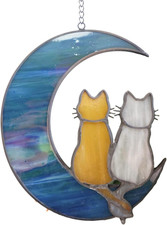 Cat Stained Glass Suncatcher Cat on Moon Real Glass Window Hanging Unique