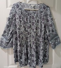 Nice J Jill Floral Vines Pintuck 3/4 Bell Sleeves Tunic Top Blue Women's M NWOT