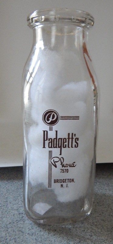 Padgett's Dairy Bridgeton, N. J. Square Pyroglazed Pint Milk Bottle - Circa 1950