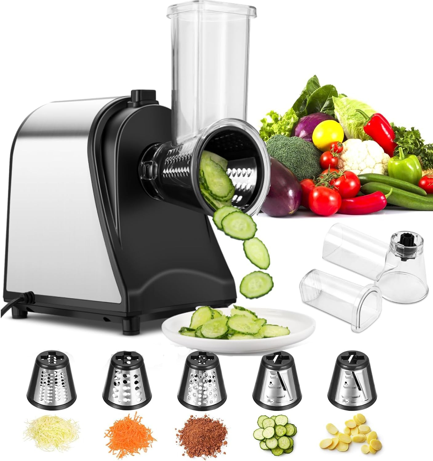 Meykey Affettatrice Automatica per Verdure, 250 W, in Acciaio Inox, Con 5 Lame p