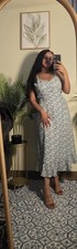 Women's Blue White Floral V-Neck Strappy Midi Slip Dress Ruffle Hem Size 8.2