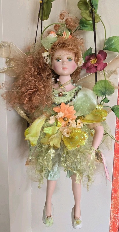 J Misa Collection Porcelain Fairy Doll W Win On A Swing  16" Doll Curly Red Hair