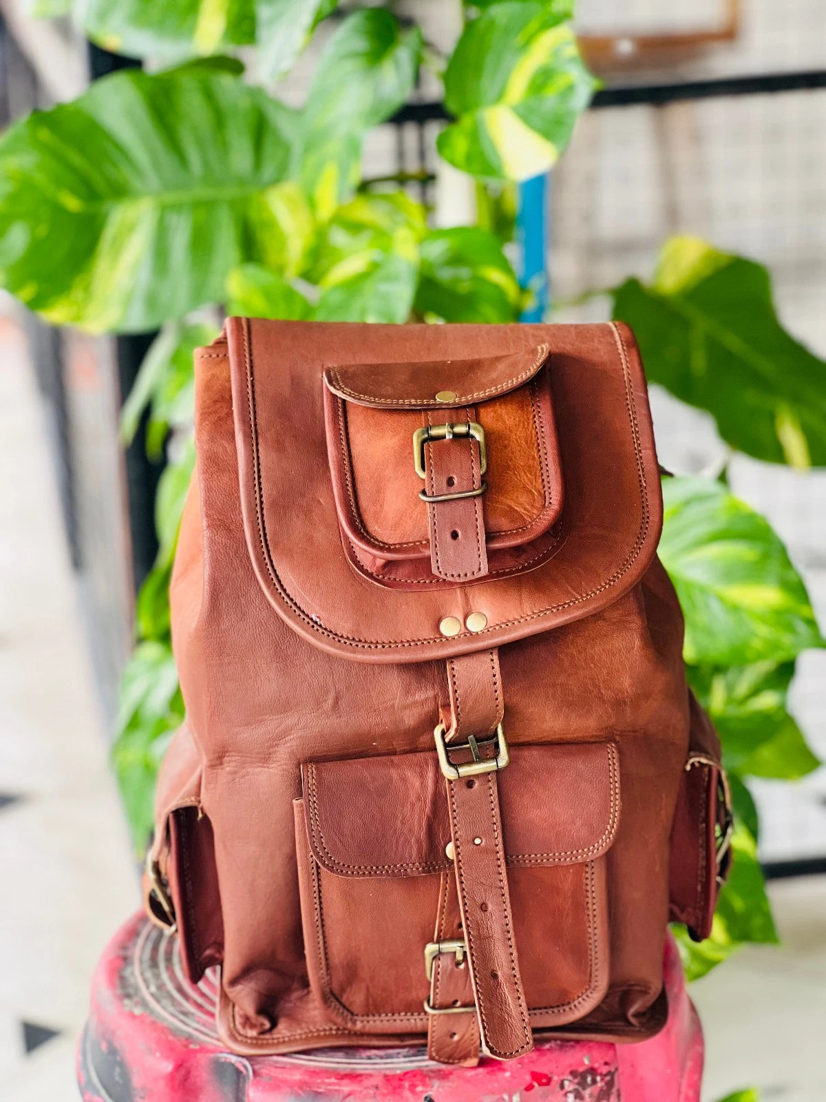 Leather Backpack Bag Rucksack Laptop Vintage Genuine Brown Goat Travel Men's New
