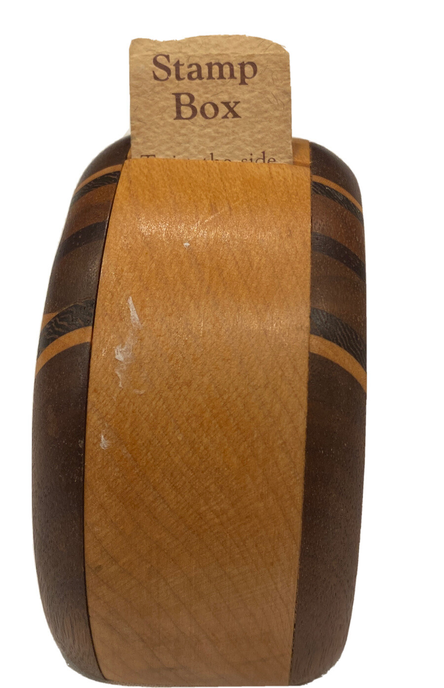 Vintage Wooden Stamp Box Hand Made Mahoghony Inlaid Twist Open Postage