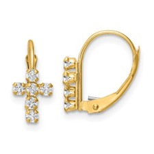 13mm 14K Yellow Gold CZ Polished Leverback Cross Earrings