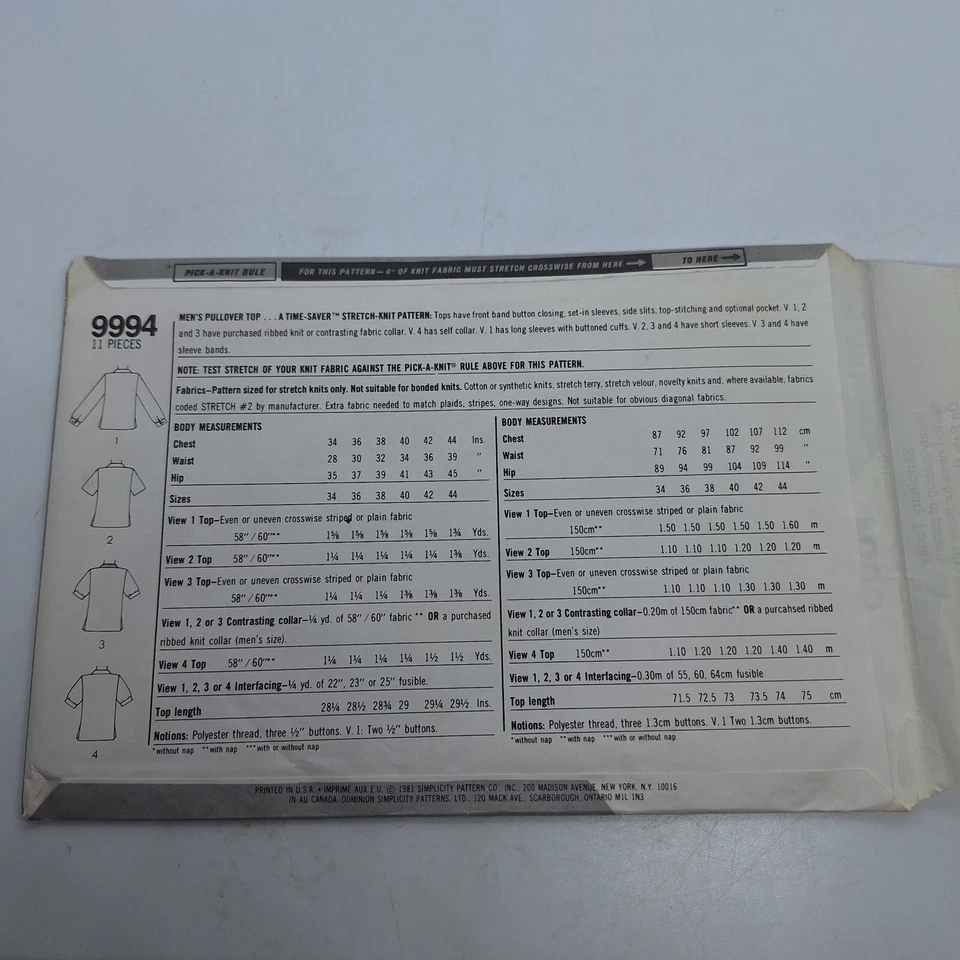 Simplicity 9994 VTG 80s Mens Shirt Knit Pullover Top Sz 34 36 38 Pattern UC FF - Image 4 of 4