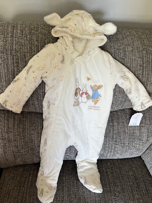 Nutmeg Baby Peter Rabbit Snowsuit Cream Pramsuit Hooded All In One