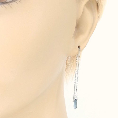 Gray Glass Bead Silver Ear Threads Threader Earrings Pair 4.25" Adjustable - Picture 3 of 5