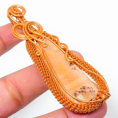 Orange Aventurine Gemstone Handmade Jewelry Wire Wrep Pendant 2.96"
