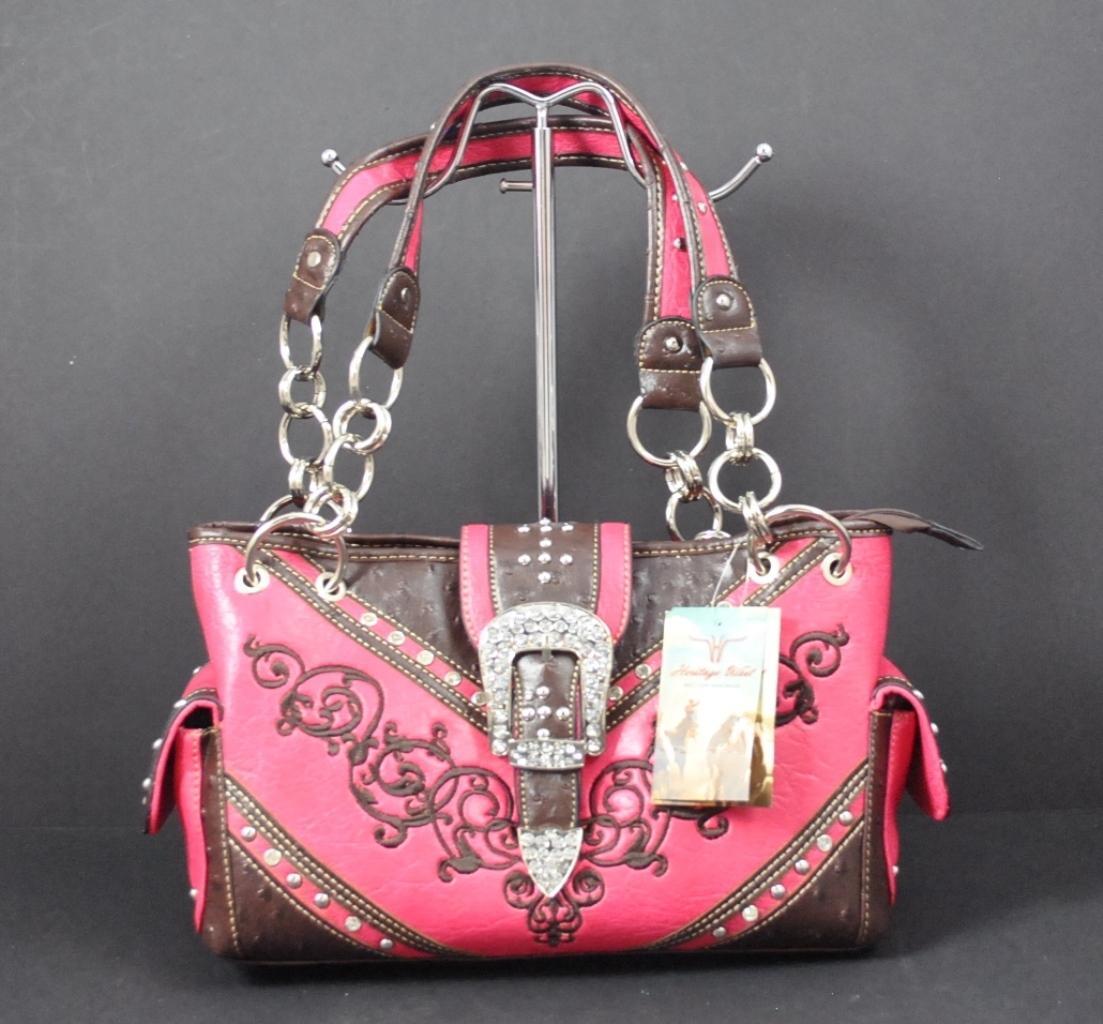 Heritage West Fuchsia Pink Buckle Rhinestone Studs Tote Shoulder