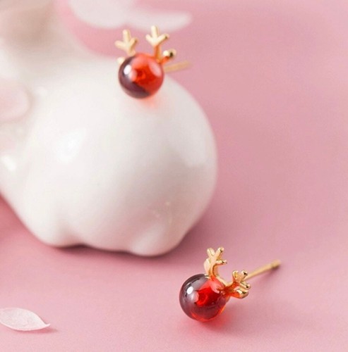 Small Ruby Red Nose Reindeer Studs Earrings-Solid 925 Silver Gold Christmas Gift - Picture 8 of 8