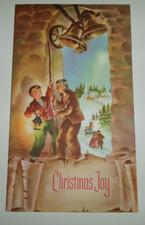 Vtg Christmas Card Old Man Boy Ring Church Bells Cut Out PEEK People on Path 50s