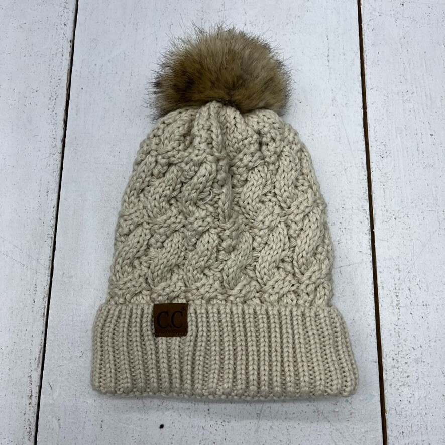 C.C. Exclusives Cream Cable Knit Pom Pom Beanie Women display picture 1