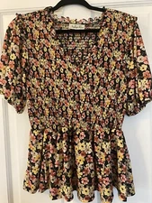 Indigo Rose Women’s Top Size 1X Floral Print Ruffle Accents Elastic Top & Sleeve