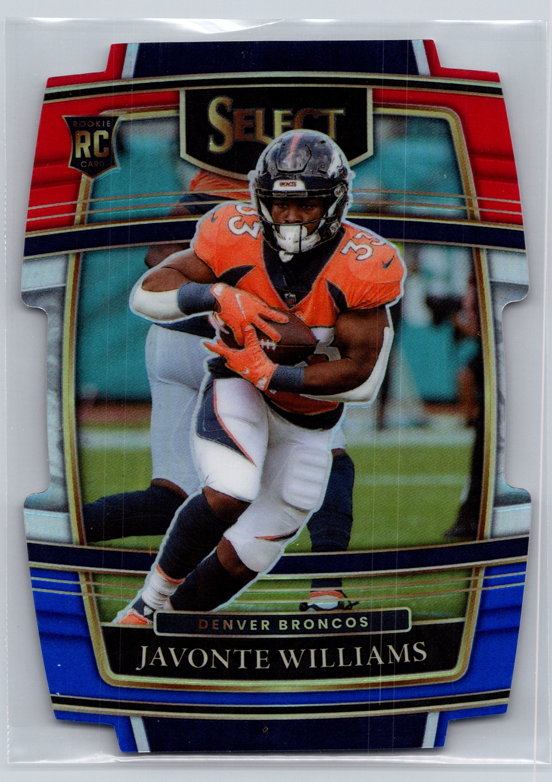 2021 Panini Select #57 Javonte Williams Red and Blue Prizm Die Cut