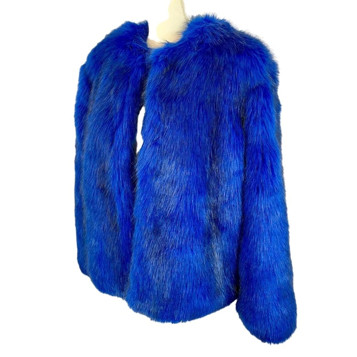 BERSHKA Bright Blue Faux Fur Jacket Coat Small New NWT Funky