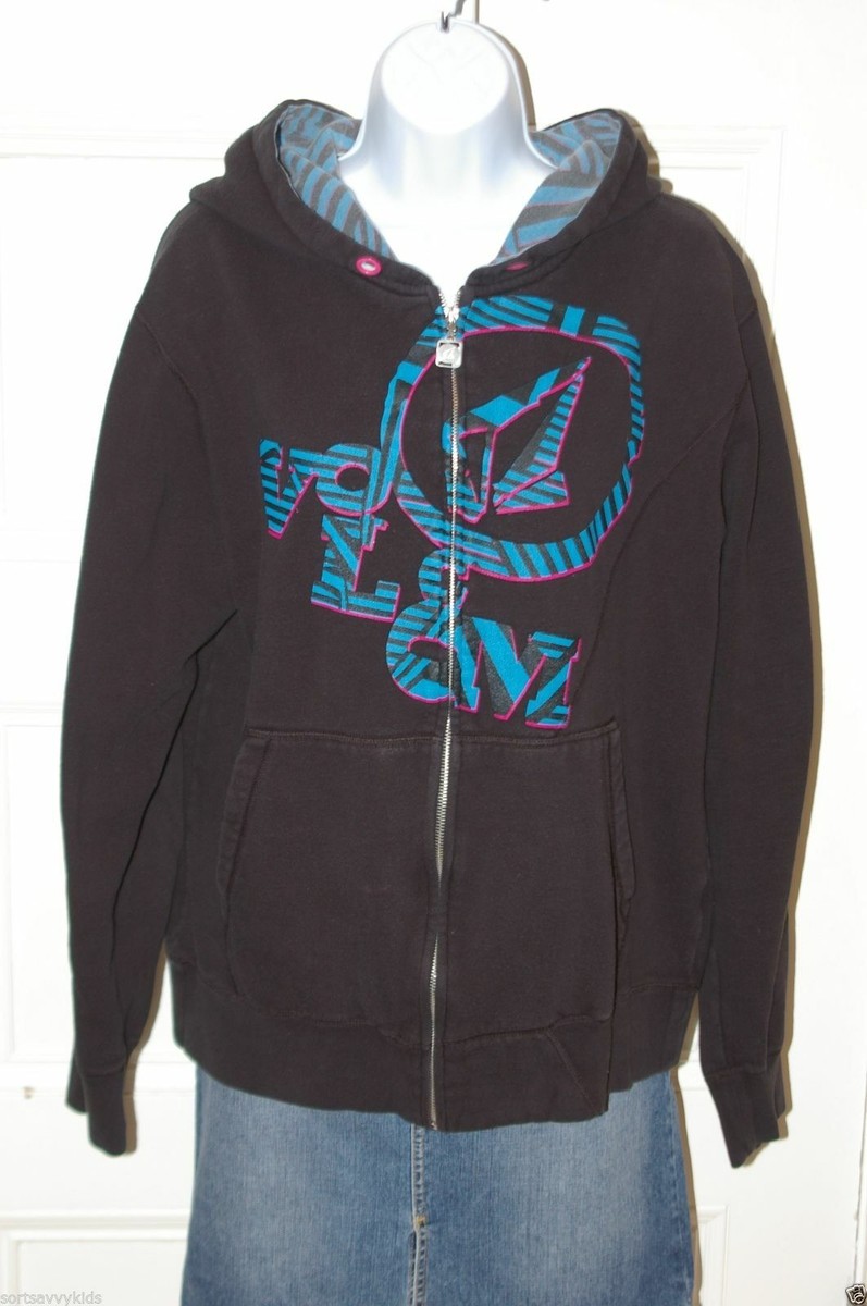 VOLCOM Black zip Front Hoodie Pink & Turquoise 