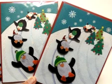 2 Papyrus Cards High Quality Christmas Fun Felt Penguins Playing in Snow