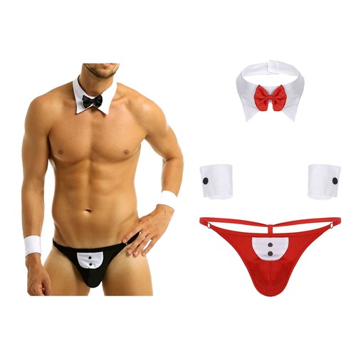 UK Mens Waiter Tuxedo G-string Thong Underwear with Bow Tie Bracelets Lingerie - Picture 6 of 31