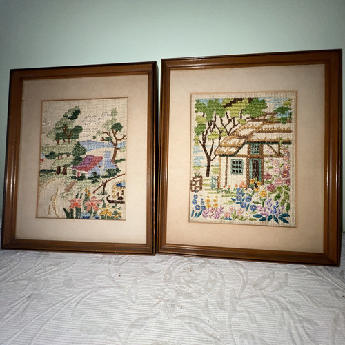 Pair of Vintage 1942 Country Cottage Garden Needlepoint 13” x 11” Framed, signed
