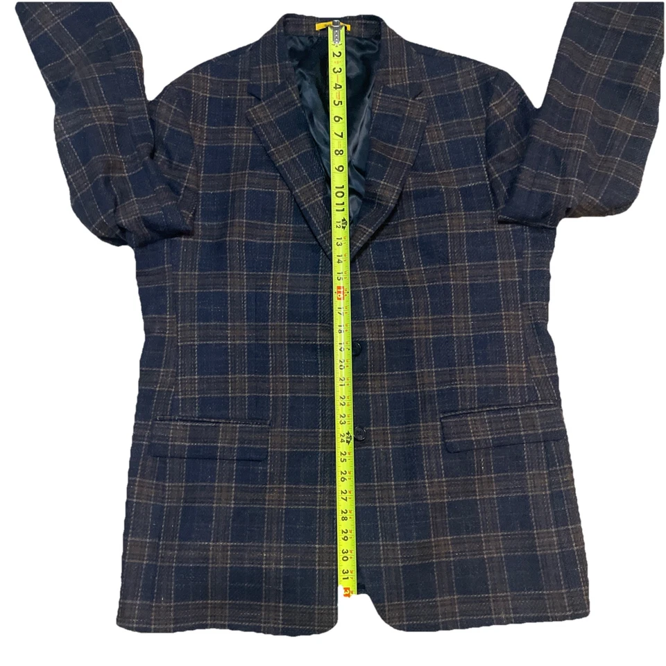 Мужской шерстяной блейзер Hickey Freeman из шелковой льняной смеси 48 л синий коричневый клетчатый на 2 пуговицах - Изображение 3 из 4