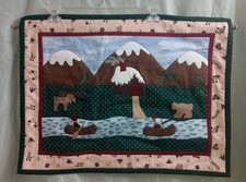 Quilted Wall Hanging Moose Canoe Mountains 26x19.5 Rustic Cabin Decor Primative