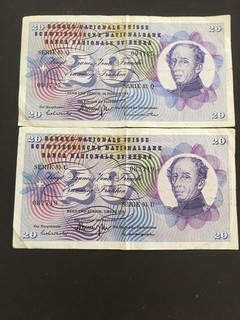Switzerland 20 Twenty Francs 1971 and 1973 scarce banknotes