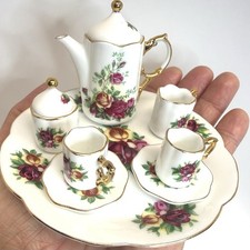 Miniature Fine China Tea Set Rose  Gold Trim Pattern Dollhouse Set ALL 10 Pcs