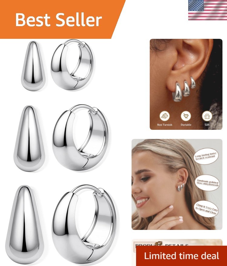 3Pairs 14K Gold Plated Hoop Earrings Set for Women Chunky Earring Silver Plat...