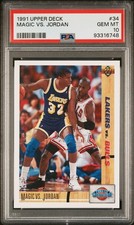 1991 UPPER DECK #34 MAGIC JOHNSON vs MICHAEL JORDAN PSA 10 GEM MINT 748 CENTERED