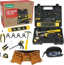 Deluxe Kids Tool Set, Real Tools with Leather Tool Belt & Tool Box, Beginner Too