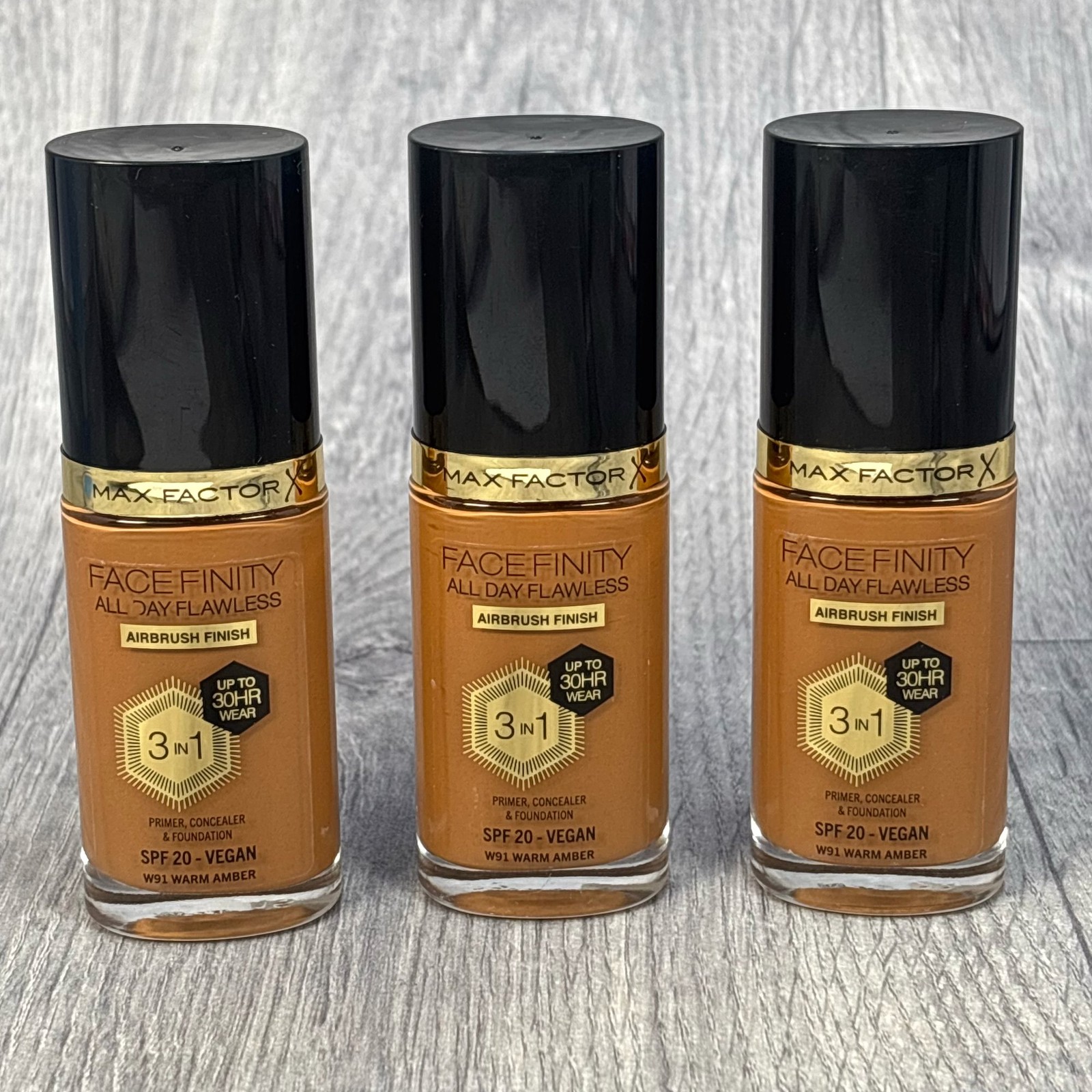 Max Factor Facefinity All Day Flawless Foundation SPF 20 Vegan W91 Warm Amber x3
