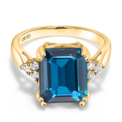 5.59 Ct Octagon Sky Blue Simulated Aquamarine 18K Yellow Gold Plated Silver Ring