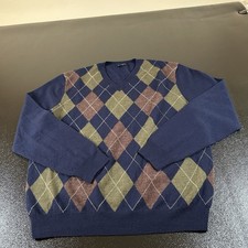 Club Room Argyle V Neck Sweater Mens Medium Blue Merino Wool Pullover